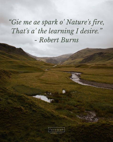 "Gie me ae spark o' Nature's fire, That's a' the learning I desire." - Robert Burns . . . Happy Burns Night! 🏴󠁧󠁢󠁳󠁣󠁴󠁿 . . . Robert Burns wrote over 700 works in his short lifetime, and nature was often a big inspiration for his work throughout his career, and it's not hard to see why. Those unchanging, rugged mountain views of Bonnie Scotland are still inspiring so many of us to this day! . . . Slàinte Mhaith! . . . #burnsnight #fernwehuk #robertburns #rabbieburns #scotland #hiddenscotland #sc... Burns Night Quotes, Burns Quotes, Robert Burns Quotes, Robert Burns Day, Robert Burns Night, Be Careful What Bridges You Burn, Burned Quotes, Burns Night, Robert Burns