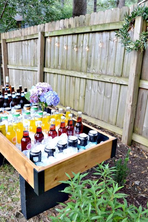 DIY Outdoor Drink Station for Backyard Entertaining • Ugly Duckling House Backyard Drink Station, Backyard Beverage Station, Outdoor Beverage Station Parties, Drink Station Ideas Party, Outdoor Wedding Drink Storage, Outdoor Drink Holder Diy, Wedding Beer Station, Country Wedding Drink Station, Diy Wedding Bar Self Serve Alcohol