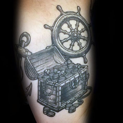 Ship Wheel With Treasure Chest And Anchor Guys Shaded Arm Tattoo Treasure Chest Tattoo Design, Pirate Treasure Tattoo, Treasure Chest Tattoo, Treasure Tattoo, Chest Tattoo With Meaning, Ship Tattoo Sleeves, Pirate Tattoos, Owl Tattoo Chest, Ocean Sleeve Tattoos