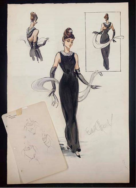 Edith Head Sketches, Edith Head Designs, Edith Head Fashion, Audrey Hepburn Breakfast At Tiffanys, Costume Design Sketch, Edith Head, Hollywood Costume, Fashion Illustration Vintage, Breakfast At Tiffany's