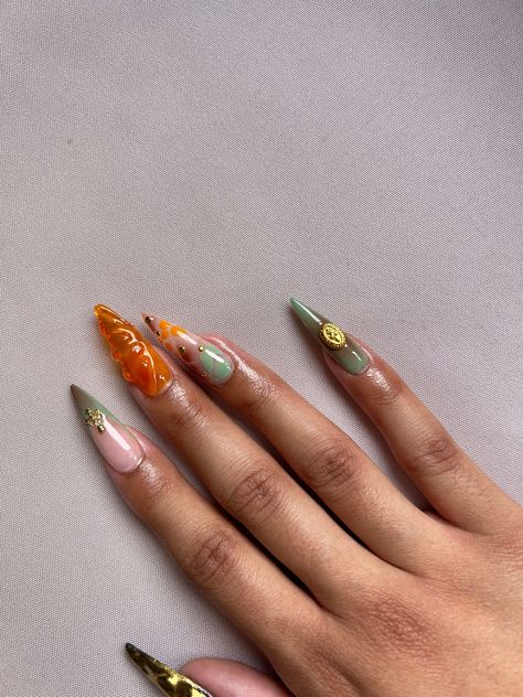 Halloween Nails 2024 Almond, Almond Nails October 2024, 2024 Halloween Nail Designs, 2024 Halloween Nail Trends, 23 Nails, Maximalist Nails, Earthy Nails, Baddies Nails, Gold Maximalist Nails