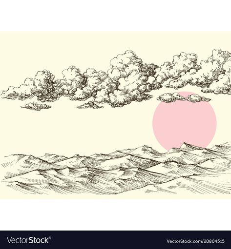 How To Draw Sand Dunes, How To Draw Sand, Sand Dunes Drawing, Sun Inktober, Desert Landscape Drawing, Desert Sketch, Ink Composition, Cloud Sketch, Desert Drawing