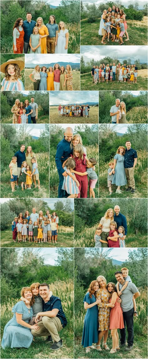 Large Family Photoshoot Ideas Outdoor, Family Of 6 Picture Poses Sitting, Family Of 13 Picture Poses, Fun Large Family Photo Ideas, Multi Family Pictures, Large Family Picture Outfits For Fall, Outside Large Family Picture Ideas, Poses For Extended Family Pictures, Large Family Photo Color Scheme Summer