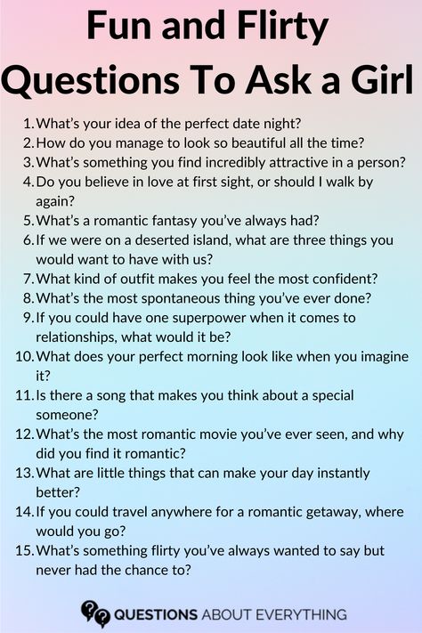 flirty questions to ask a girl Interesting Questions To Ask A Girl, Flirty Questions To Ask A Girl, Things To Ask Your Crush, Fun Couple Questions, Questions To Ask Your Crush, Flirty Questions To Ask, Questions To Ask A Girl, Crush Questions, Text Conversation Starters