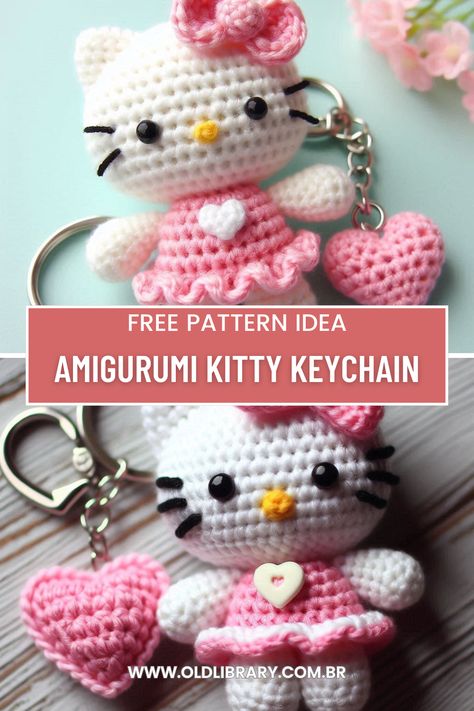 Create an adorable Amigurumi Kitty Keychain with this easy crochet pattern. Perfect for beginners and makes a great gift! Amigurumi Pouch Free Pattern, Hello Kitty Crochet Keychain Pattern, Hello Kitty Keychain Crochet Free Pattern, Crochet Key Case Free Pattern, Christmas Crochet Keychain Pattern, Knit Keychain Pattern Free, Crochet Cute Keychain Free Pattern, Crochet Small Toys, Hello Kitty Pattern Crochet