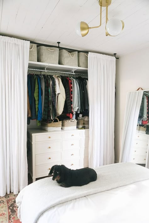 Wardrobe With Drapes, Closet Alternatives, Curtain Wardrobe, Seattle Lifestyle, Curtains For Closet Doors, Organized Closet, Small Closet Space, Closet Curtains, Candle Diy