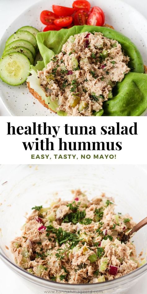 Tuna Salad No Onion, Tuna And Hummus, Tuna Salad Healthy No Mayo, Hummus And Tuna, Apple Tuna Salad Recipe, Hummus Tuna Salad, Herb Tuna Salad Recipe, Tuna Hummus Wrap, Clean Tuna Salad Recipe