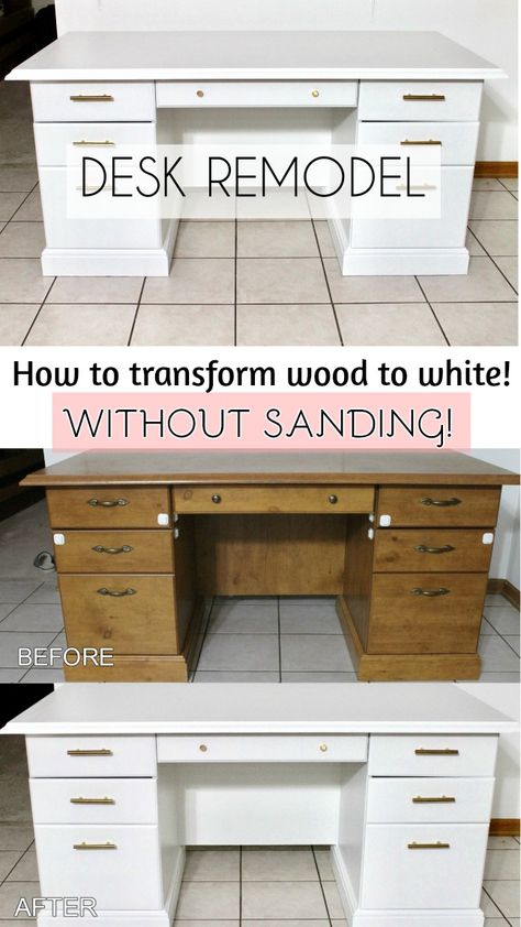 Remodeling a desk and painting wood without sanding. Turning oak wood into white without sanding! Using Beyond Paint and brightening up a desk for cheap. www.elabobak.com White Desk Makeover, Paint Wooden Desk, Painting Wood White, Refurbished Desk, White Wood Desk, Desk Makeover Diy, Desk Redo, Diy Office Desk, Beyond Paint