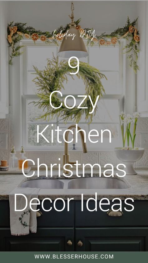 Looking for quick and easy Christmas kitchen décor ideas for sinks, windows, countertops and shelves for cozy holiday home décor? I’m sharing my favorite modern and cozy DIY Christmas decorations for the kitchen for simple and natural kitchen Christmas décor. From orange garlands to gingerbread houses, these are cute and easy DIY Christmas decorations to add a holiday charm to your home. Natural Christmas decor Christmas Garland In Kitchen, Decorate Kitchen Counter For Christmas, Boho Christmas Kitchen Decor, Christmas Kitchen Window Decor Ideas, Kitchen Decorating For Christmas, Kitchen Christmas Decorations Farmhouse, Vintage Christmas Decor Ideas Kitchen, Small Kitchen Christmas Decor Ideas, Kitchen Cabinets Christmas Decorations