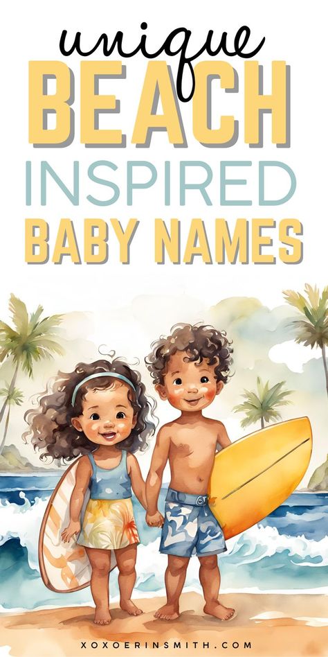 cute baby boy and girl with surfboard and ocean in background withtitle unique beach inspired baby names Beachy Baby Names, Surfer Boy Names, Names Ocean, Ocean Baby Names, Names Unique Girl, Beach Names, Irish Baby Boy Names, Top Baby Names, Irish Baby Girl Names