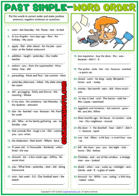 Sentence Arrangement Worksheet, Past Sentences Worksheet, Put The Sentences In Order, Sentence Word Order Worksheet, Sentence Construction Worksheets, Word Order Worksheets, Past Simple Exercises, Word Order In Sentences, Positive Sentences