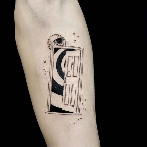 Liminal Space Tattoo, Movie Lover Tattoo, Door Tattoo Minimalist, Twilight Zone Tattoo, Emily Tattoo, Floral Skull Tattoos, Surreal Tattoo, Lavender Tattoo, Traditional Tattoo Sleeve