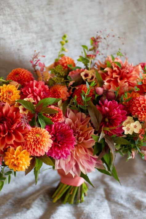 A vividly colorful autumn bridal bouquet full of locally-grown dahlias in hues of persimmon, orange, peach, coral, and gold.  Flowers grown and designed by Love 'n Fresh Flowers, a flower farm in Philadelphia.  Photo by Love 'n Fresh Flowers. Autumnal Flowers, Bridal Bouquet Orange, Dahlia Arrangements, Dahlia Wedding Flowers, Autumn Flower Bouquet, Colorful Dahlia Bouquet, Colorful Flower Bouquet, Dahlia Flower Bouquet, Autumn Bridal Bouquet