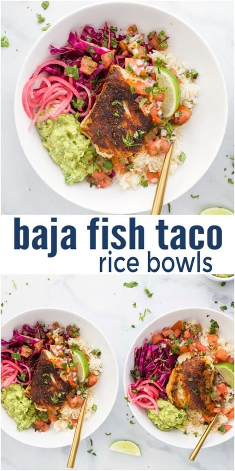 Baja Fish Taco Rice Bowls served on a bed of jasmine rice filled with smoky pan-seared cod, a crunchy cabbage slaw, creamy zesty guacamole, pickled onions and pico de gallo. The perfect weeknight dinner to remember! #fishtacos #ricebowls #bajafishtacos #ad #dinnerideas #tacorecipe #fish #ad @successrice Fish Bowl Recipe, Fish Taco Salad, Slaw For Fish Tacos, Homemade Guac, Taco Bowl Recipe, Mexican Comfort Food, Baja Fish Tacos, Taco Rice, Fish Taco