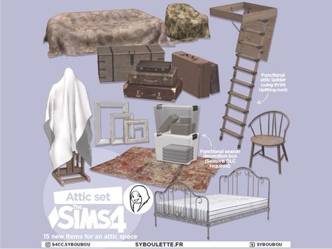 Sims Interior, Sims 4 Cottage, Sims 4 Beds, Attic Ladder, Sims 4 Bedroom, Old Beds, Attic Stairs, Casas The Sims 4, Victorian Furniture