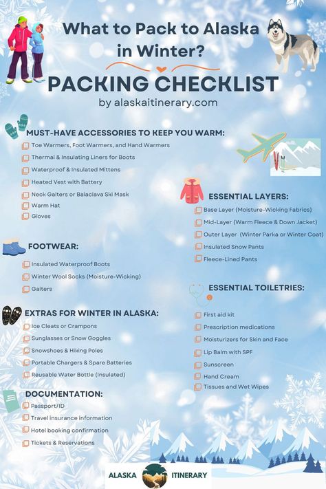 Get ready for Alaska’s magical snow adventures with our Winter Packing List! Stay warm and prepared for everything from dog sledding to Aurora chasing. Download your free PDF checklist and pack like a pro Alaska In Winter, Alaska Packing List, Waterproof Boots Winter, Essential Packing List, Alaska Winter, Alaska Cruises, Packing Essentials List, Winter Packing List, Snow Adventure