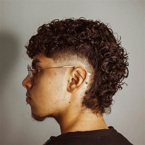 Burst Fade Mullet Perm, Burst Fade With Long Hair, Mens Burst Fade Haircut Mullet, Mohawk Curly Hair Men, Men’s Modern Mullet Curly, Low Mullet Men, Mullet Haircut For Curly Hair, Natural Curly Hair Mullet Men, Low Burst Fade Curly Hair