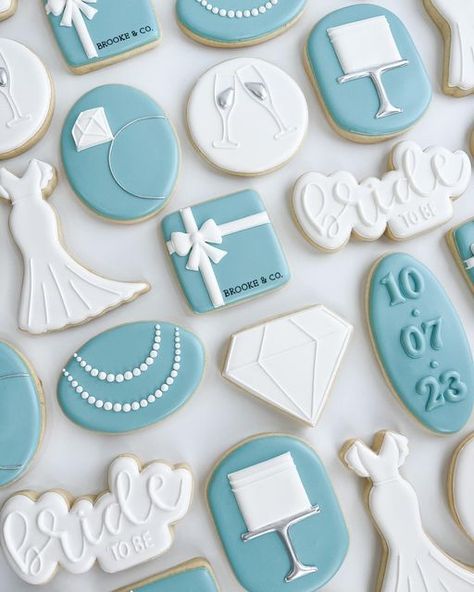 Wedding Shower Sugar Cookies, Bridal Shower Breakfast At Tiffanys, Tiffany N Co, Blue Engagement Party, Beachy Bachelorette, Bridal Shower Breakfast, Bachelorette Party Cookies, Tiffany Themed Bridal Shower, Cookie Wedding