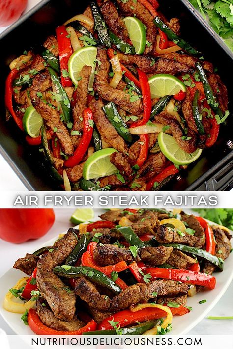 These Air Fryer Steak Fajitas are made with perfectly seasoned strips of steak and a colorful medley of tender peppers and onions. Conveniently cooked in the air fryer, this is a quick and easy recipe, perfect for a busy weeknight dinner. Air Fryer Steak Fajitas Recipes, Air Fryer Stir Fry Steak, Air Fryer Fajita Steak, Air Fryer Fajitas, Air Fryer Steak Fajitas, Beef Fajita Recipe, Steak Fajita Recipe, Frozen Steak, Steak And Onions