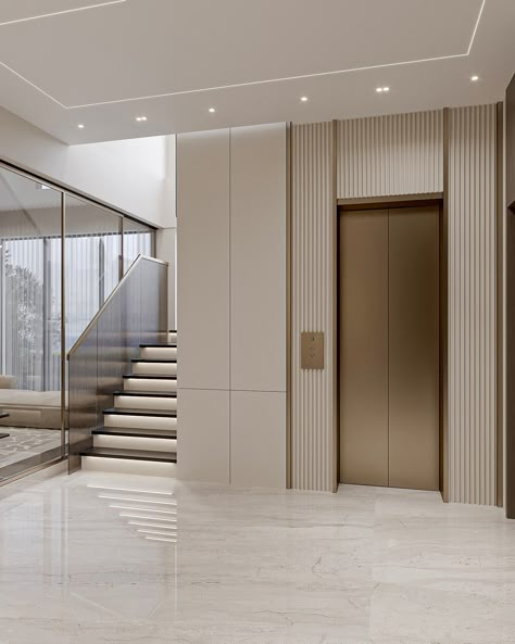 R E C E P T I O N :: Behance Elevator Facade Design, Elevator Wall Cladding, Elevator Door Design Modern, Lobby With Stairs Design, Lift Wall Cladding Design Residence, Lift Lobby Design Residential Luxury, Office Lift Lobby Design, Staircase Lobby Design, Lift Cladding Design