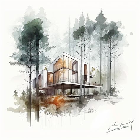 Minimalist house Architecture Watercolor Presentation, Modern House Drawing Sketches, Water Colour Architecture Sketch, Revit Projects, Watercolor Elevation Architecture, Watercolor Trees Architecture, Buildings Sketch Architecture, Interior Architecture Sketch, Sketch Architecture