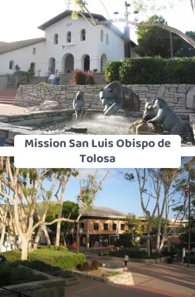 Mission San Luis Obispo de Tolosa is a Spanish mission that was built in 1793. The original building still stands, though the portico has been renovated and an annex added. It's lovely to walk around the huge spacious plaza in front of the mission. There are an abundance of trees, eucalyptus and even redwood trees, because of the creek that passes through. A statue in honor of the Chumash indians shows bears and an indian hunting for salmon- San Luis Obispo used to be an area with a lot of bears. Kids like to watch the fountain. <br />In front of the mission is a creek. You can cross over bridges that lead to lovely creekside cafes.<br />The gardens behind the mission are beautiful, with grape vines hanging from shade beams, and giant roses of all colors in the spring. There is a Chumash I Chumash Indians, Vines Hanging, Roses In The Garden, Spanish Mission, Indian Show, Mission Projects, Redwood Trees, Giant Roses, Beautiful Churches