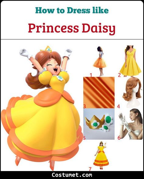 Princess Daisy (Super Mario) Costume for Cosplay & Halloween 2022 Daisy Mario Outfit, Princess Daisy Cosplay Diy, Princess Daisy Crown Diy, Daisy Outfit Mario, Diy Daisy Costume Mario, Diy Daisy Costume, Female Mario Costume, Mario Bounding, Diy Princess Daisy Costume