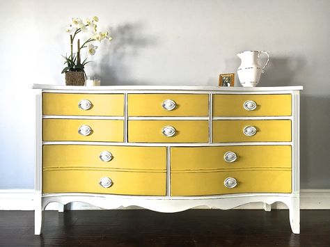 Shabby Chic Yellow & White Sideboard - Custom Order for Hallie Yellow Dresser Makeover, Mustard Yellow Painted Furniture, Pale Yellow Chalk Paint Furniture, Yellow Chalk Pained Furniture, Distressed Furniture Yellow, Yellow Painted Furniture, Yellow Furniture, General Finishes Milk Paint, Desert Chic