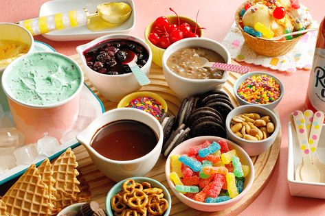 Praline Sauce, Ice Cream Sundae Bar, Waffle Bowl, Pint Of Ice Cream, Homemade Strawberry Jam, Sundae Bar, Mini Pretzels, Pecan Pralines, Toffee Bits