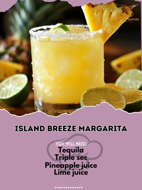 🌴 Island Breeze Margarita: Feel the island breeze with every sip of this refreshing margarita! 🍹🌊 #IslandBreezeMargarita #Refreshment Island Breeze Margarita Ingredients: Tequila (2 oz) Triple sec (1 oz) Pineapple juice (2 oz) Lime juice (1 oz) Simple syrup (1/2 oz) Pineapple wedge (for garnish) Salt (for rim) Instructions: Rim the glass with salt. In a shaker, combine tequila, triple sec, pineapple juice, lime juice, and simple syrup. Shake well and strain into the glass over ice. Garnis... Margarita Ingredients, Pineapple Margarita, Island Breeze, Yummy Alcoholic Drinks, Tasty Drinks, Alcohol Drinks, Agave Syrup, Delicious Drinks, Alcohol Drink Recipes