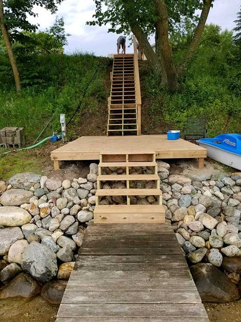 Steps Down Hill To Lake, Slope Deck Ideas, Steps To Lake Stairways, Path To Lake Ideas, Deck By Lake, Stairs Down To Lake, Steps Down To Lake, Stairs To Lake Ideas, Waterfront Steps