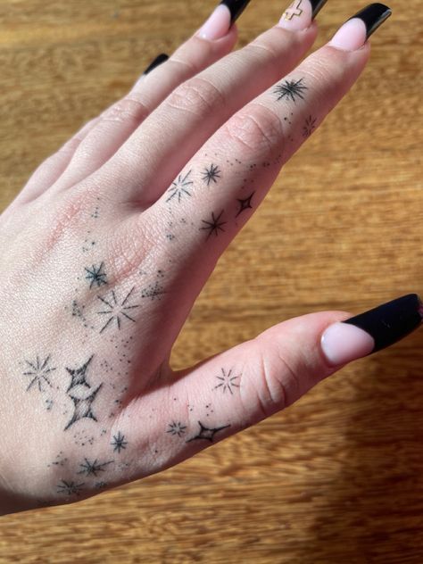 Star Tattoo On Hand For Women, Sigil Finger Tattoo, Star Infinity Tattoo, Magic Themed Tattoo, Finger Tattoo Cover Up, Star Finger Tattoo, Moon Finger Tattoo, A Moon Tattoo, Finger Tattoos Fade