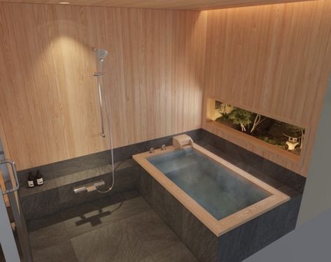 Japanese Master Bath, Onsen Bathroom Japanese Style, Onsen Bathroom, Asian Bathroom Ideas, Bathroom Designs 2023, Japanese Inspired Bathroom, Japanese Bathrooms, Japanese Bathroom Design, Japanese Style Bathroom