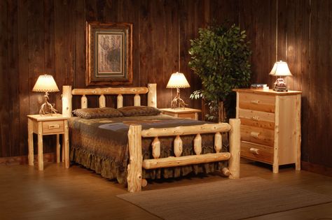 Try a Western feel in the bedroom with this suite from LogHeads' Cedar Kentucky line>> http://www.gactv.com/gac/shows_dlgh/article/0,3563,GAC_46057_6073101_29,00.html?soc=pinterest Log Beds, Cozy Cabin Bedroom, Log Furniture Plans, Log Bedroom Furniture, Rustic Wooden Bed, Cabin Bedroom Decor, Wooden Bed Frame Rustic, Rustic Bed Frame, Rustic Log Furniture