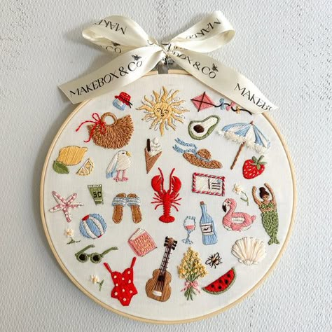 Embroidery Kit with hoop: 30 days of Summer Stitches Embroidery Ideas Simple, Embroidery Projects Ideas, Summer Embroidery Designs, Italy Embroidery, Embroidery Icons, Cute Lobster, Embroidery Journal, Cute Embroidery Patterns, Embroidery Designs Cute