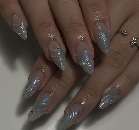 Nails With Clear Design, Neutral Nails Designs Nailart, Chunky Acrylic Nails, Wave To Earth Nails, Milky White Aura Nails, Silver Accent Nails, Wet Nails, Aura Nail Inspo Almond, Ocean Wave Nails