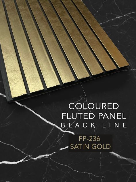 With Fluted panel range is the latest addition to our FLUTED ( Black Background ) collection. Produced with a smoother, modern-looking SATIN GOLD finish with black line. The fluted panel range is perfect if you are looking for the Modern slat look design also with stylish counter and luxury feature walls. Gold Slat Wall, Feature Wall Design Ideas, Tv Wall Design Luxury, Bedroom Marble, Gold Accent Wall, Tv Feature Wall, Fluted Panel, Feature Wall Design, Feature Wall Bedroom