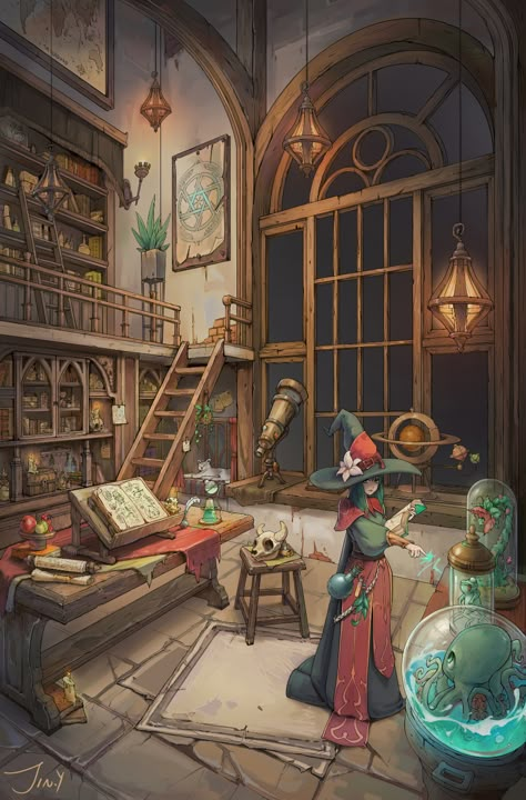 Wizard House Concept Art, Magic Shop Concept Art, Wizard House Interior, Wizard Study Room, Witch Room Drawing, Witch Room Illustration, Merchant Concept Art, Witches Workshop, Wizards Workshop