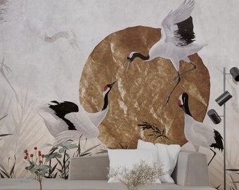 Aesthetic Mural, Bird Wallpaper Bedroom, Heron Wallpaper, Chinese Crane, Bedroom Decor Aesthetic, Pretty Living Room, Birds Wallpaper, Crane Bird, Bird Wallpaper