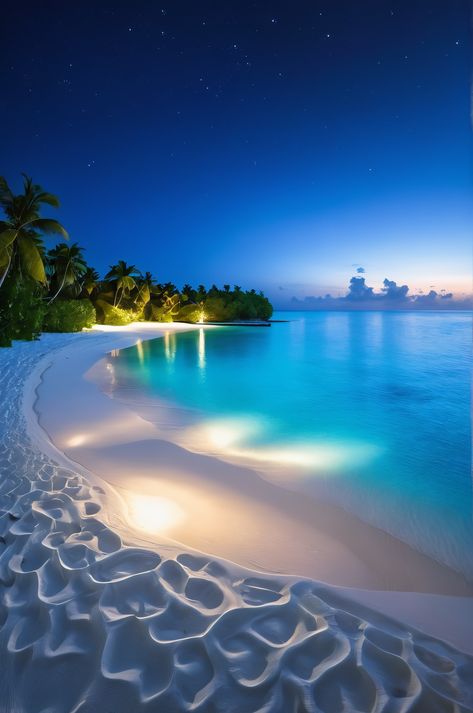 Witness the magic of bioluminescent plankton in a Maldives cove at twilight. The ethereal blue glow creates a mesmerizing spectacle, resembling a natural hot spring. #bioluminescence #Maldives #twilight Bioluminescent Ocean, Bioluminescent Plankton, Natural Hot Spring, Nature Ocean, Blue Glow, The Maldives, Hot Spring, Travel Nature, White Sand Beach