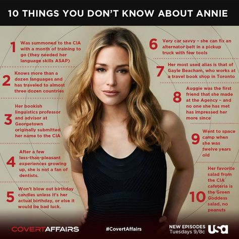 10 things about Annie from Covert Affairs on USA Network. Knew almost all of these. Wish I could watch all of this series but have only watched first two seasons. Annie Walker, Piper Perabo, Covert Affairs, The Man From Uncle, Tv Show Quotes, About Time Movie, Me Tv, Best Tv Shows, Music Tv