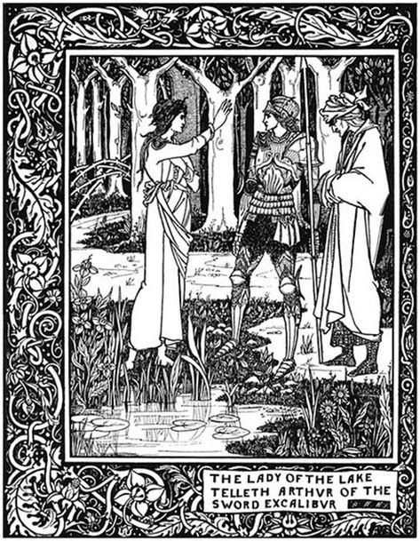 "How Arthur by the means of Merlin got Excalibur, his sword of the Lady of the Lake", illustration for Le Morte Darthur. (Lagad Zoltec / Public Domain) Kelmscott Press, The Lady Of The Lake, Roi Arthur, Japanese Woodcut, Lady Of The Lake, Arthurian Legend, Aubrey Beardsley, Lake Art, Lodz