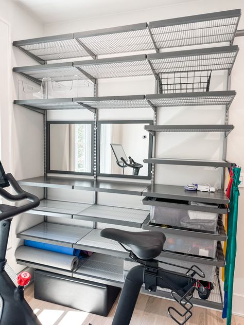 Elfa material is a great way to organize gym and fitness gear! Home Gyms Ideas Garage, Home Gym Organization, Elfa Closet, Gym Organizer, Master Closet Organization, Small Garage, Large Pantry, Closet Organization Diy, Home Gym Design