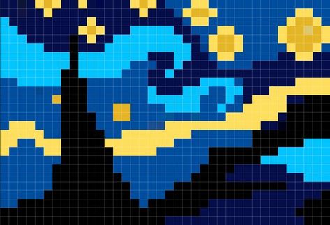 Van Gogh Pixel Art, Starry Night Pixel Art, Starry Night Cross Stitch Pattern, Book Pixel Art, Starry Night Crochet, Pixel Art Facil, Starry Night Pattern, فنسنت فان جوخ, Pixel Quilting