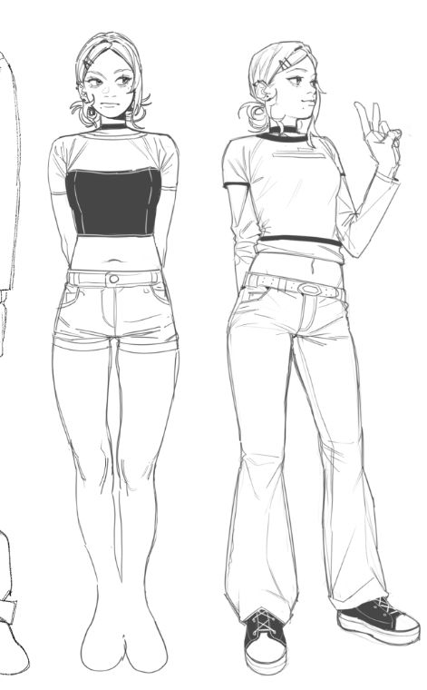 Casual Pose Drawing, Pose Ref Full Body Drawing, Full Body Drawing With Clothes, Clothes Poses Drawing, Tank Top Art Reference, Shoulders Reference Drawing, Short Jeans Drawing Reference, Clothing References Female, Shirt In Wind Reference