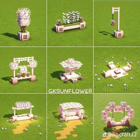 Cherry Blossom Ideas Decor, Minecraft Greenhouse Decor, House In Cherry Blossom Minecraft, Love Garden Minecraft, Minecraft Designs Cherry Blossom, Pink Building Minecraft, Rose Garden Minecraft, Easy Mc Builds, Cute Things To Build In Minecraft House