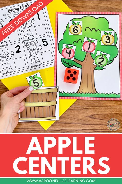 An apple tree mat being used for a center Apple Inquiry Kindergarten, Apple Activities Kindergarten, Apple Centers, Apple Center, Centers First Grade, Apple Kindergarten, Centers For Kindergarten, September Activities, Fall Centers