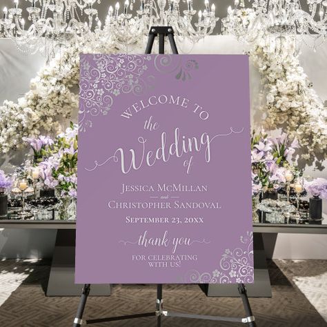 $43.20 | Silver Lace on Lavender Elegant Wedding Welcome #wedding welcome sign, thank you for celebrating, elegant script calligraphy, names of couple and date, stylish classy and sophisticated, silver faux foil lace frills, gray floral curls and swirls, fancy ornate filigree, decorative fancy corners, lavender lilac dusty purple background Plum Color Scheme, Plum Wedding Invitations, Calligraphy Names, Welcome Signage, Plum Wedding, Script Calligraphy, Welcome Board, Silver Lace, Dusty Purple