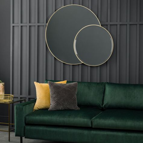 Minimalist Spaces, Green Mirror, Circle Mirror, Contemporary Wall Mirrors, Beautiful Mirror, Circular Mirror, Studio Apartments, Black Frames, Dining Table With Bench