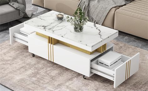 Amazon.com: PULLAFUN ON-Trend Contemporary Coffee Table with Faux Marble Top, Rectangle Cocktail Table with Caster Wheels, Moderate Luxury Center Table with Gold Metal Bars for Living Room, White : Home & Kitchen Faux Marble Coffee Table, Elegant Coffee Table, Marble Top Coffee Table, Stylish Coffee Table, Coffee Table Rectangle, Caster Wheels, Sofa End Tables, Contemporary Coffee Table, Living Room White